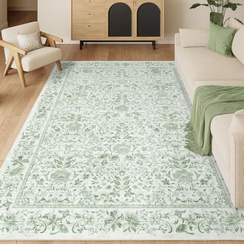 DUKINO 6x9 Area Rug Vintage Floral Washable Rugs for Living Room Sage Green by DUKINO