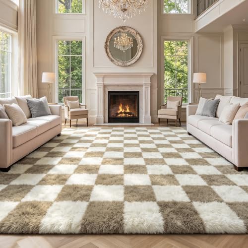 Large Shag Area Rug for Bedroom, 9x12 Ft Beige and White Area Rug Classic Checkered Shaggy Anti-Skid High Pile Soft Fluffy Rug Fuzzy Carpet for Living Room Dorm Home Decor by Boshengya