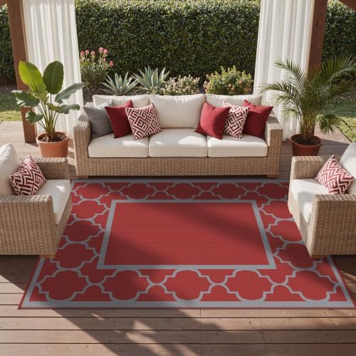 GENIMO Outdoor Rug, Waterproof Plastic Rugs for Patio, 8'x10' Red Grey - Image 5