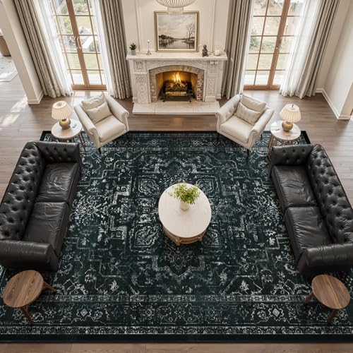 Black White Large 10x14 Area Rugs, Washable Non Slip Big Rug for Living Room Bedroom, Distressed Medallion Vintage Dark Big Carpet Rugs for Dinig Room Family Rooms, Low Pile Thin - Image 4