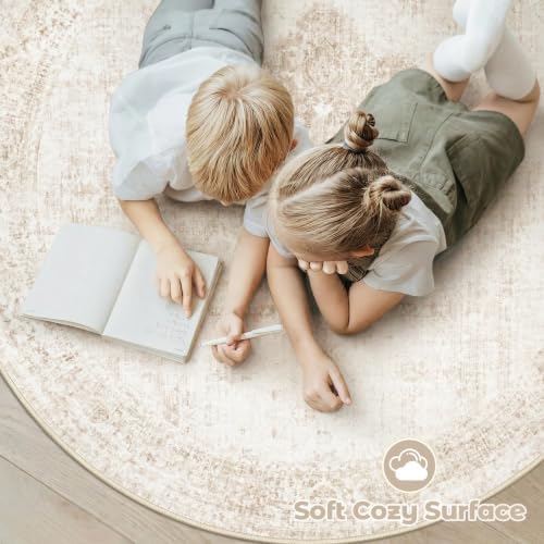 Round Rugs 6ft Washable Rug, Vintage Boho Medallion Rugs Non-Slip Soft Low Pile Circle Distressed Rug Indoor Retro Carpet for Living Room Bedroom Dining Room Home Office (Beige, 6' Round) - Image 5