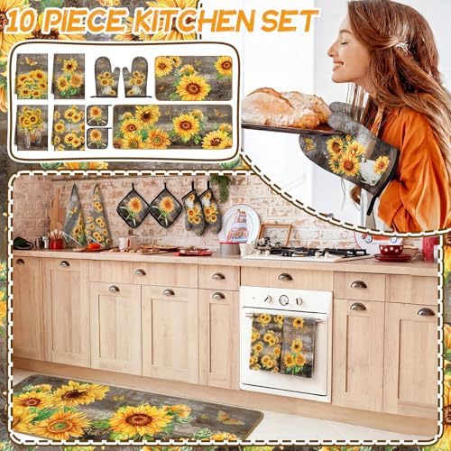 Fourluoo 10 Pcs Sunflower Kitchen Rugs Oven Mitts Pot Holders Set - Image 2