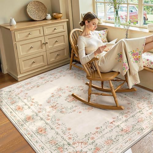 Wonnitar Floral Bow Print Washable 8x10 Rug, Beige Rugs for Living Room, Boho Non Slip Ultra-Thin Soft Neutral Carpet for Nursey Kids Room Dorm Living Room, Beige - Image 4
