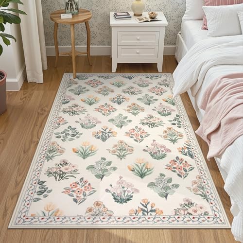 Wonnitar Floral Machine Washable 3x5 Rug, Small Area Rug for Kids Bedroom Nursery, Ultra-Thin Non Slip Soft Moroccan Throw Carpet for Dorm Living Room Large Entryway, Cream Beige by Wonnitar
