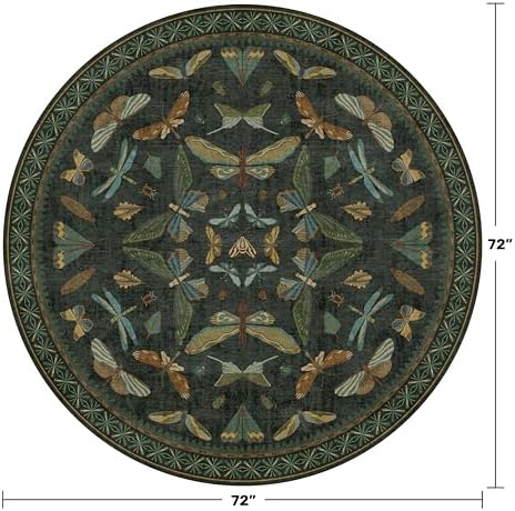 Dark Green Insect 6ft Round Washable Area Rug for Living Room - Non Skid Low Pile & Soft Carpet for Bedroom Beside Bed, Forest Butterfly Design Stain Resistant Home Décor - Image 2