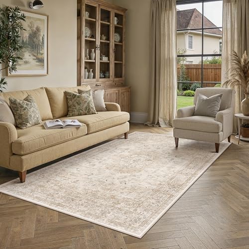 PureCozy Beige Area Rug 5x8 Vintage Oriental Distressed by PureCozy