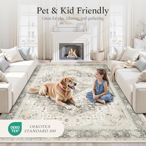 Rugflix 9x12 Area Rugs for Living Room, Machine Washable Rug Non Slip Stain Resistance, Large Rug Vintage Distressed Soft Carpet for Bedroom, Dining Room, Home Office, Beige Grey - Image 5
