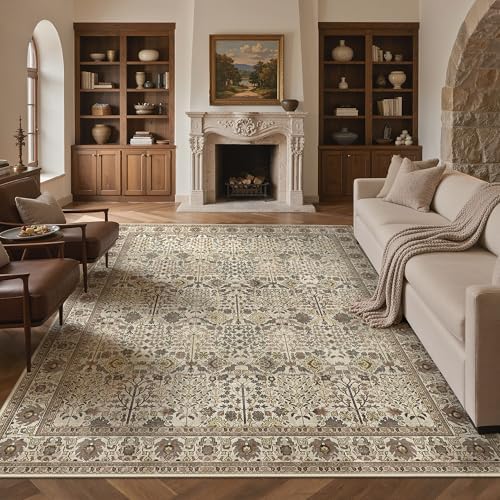 Bavni 10x14 Area Rug for Living Room, Washable Low Pile, Cream Brown by BAVNI