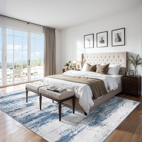 PLHXFR 10x12 Area Rug Living Room: Abstract Washable Carpet White Blue - Image 2