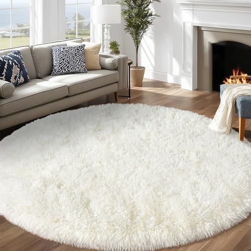 6ft Fluffy Cream White Round Rug for Bedroom Living Room, Washable Non-Slip - Image 2