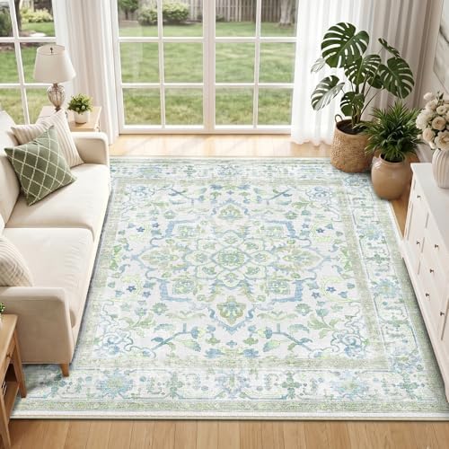 CAPALOCA Square 6ft Washable Nursery Girls Low Pile Area Rug Green Blue - Image 2