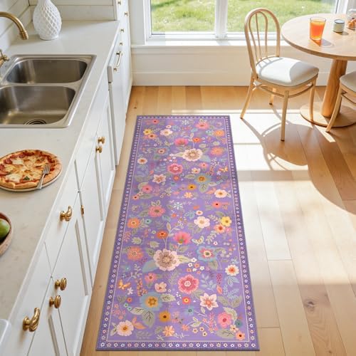 Floral Washable 2x5 Area Rugs Runner Entryway Hallway Purple/Pink - Image 6