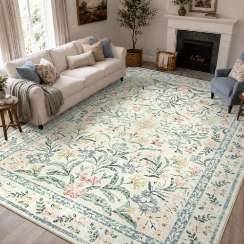 Wonnitar Large Rugs for Living Room, Soft Washable Floral 9x12 Area Rug for Bedroom, Boho Non-Shedding Foldable Carpet for Kids Playroom Apartment Home Decor by Wonnitar