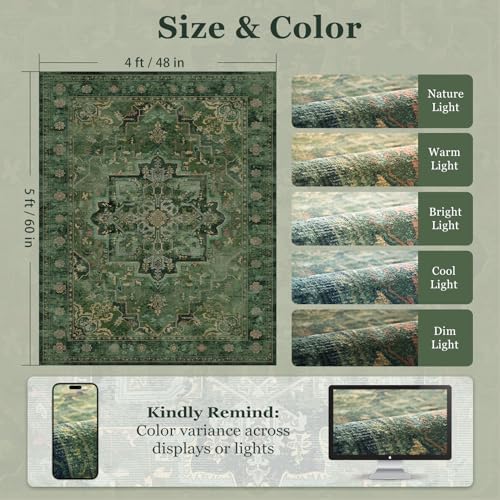 Green Medallion 4x5 Throw Rug for Large Kitchen, Distressed Vintage Small Area Rugs for Living Room Bedroom, Washable Non Slip Thin Carpet Rug for Home Office/Bathroom/Foyer - Image 2