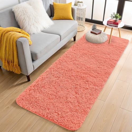 OLANLY 2x6 Machine Washable Runner Rugs for Hallway, Soft Fluffy Shaggy Bedside Rugs for Bedroom, Living Room, Indoor Floor Carpet for Kids Girls and Boys, Home Decor Aesthetic, Coral Red by OLANLY