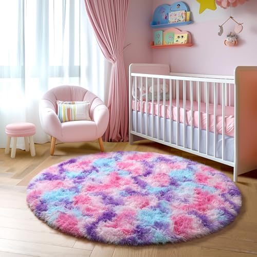 Amdrebio Pink Blue Purple Fluffy Area Rug 5Ft for Girls Bedroom Kids Room - Image 5