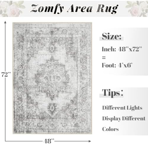 Area Rug 4x6 Vintage Rugs: Washable Indoor Medallion Rug Low Pile Distressed Floor Carpet Retro Accent Rugs for Living Room Bedroom Kitchen Dining Table Home Office(Grey, 4'x6') - Image 2
