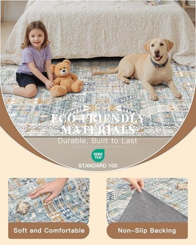 Madane Hallway Runner Rug 2x8 Washable Kitchen Rugs Non-Slip, Blue/Gold - Image 5