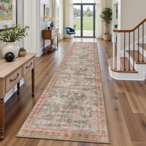 2x10 Hallway Runner Rug, Washable Vintage Retro Long Runner Rugs for Kitchen Laundry, Soft Ultra Thin Non Slip Low Pile Traditional Distressed Boho Carpet for Bedroom Bathroom, Rust Clay - Image 3