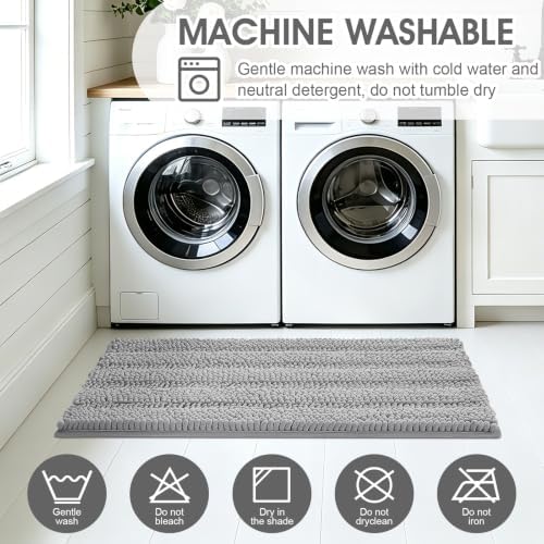 ACCUMTEK Striped Light Grey Bathroom Rug Set 3 Pieces Gray Ultra Soft, Non Slip Chenille Toilet Mat, Absorbent Plush Shaggy Bath Mats for Bathroom, Bedroom, Kitchen - Image 6