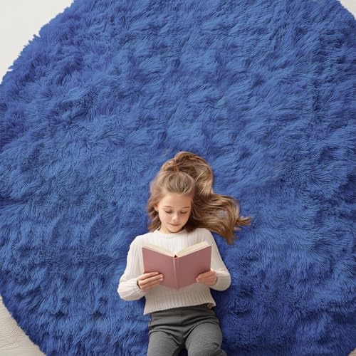 OLANLY Navy Blue Round Rugs for Bedroom - Machine Washable, 8 ft Circle Area Rugs for Living Room, Soft and Fluffy Shaggy Carpet for Teen Girls and Boys, Nursery Rooms, Dorms, Home Decor Aesthetic by OLANLY