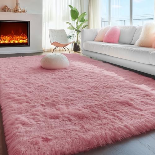 Blush Pink Fluffy Shag Area Rugs for Bedroom Girls 5x7, Soft Shaggy Carpets by PAGISOFE
