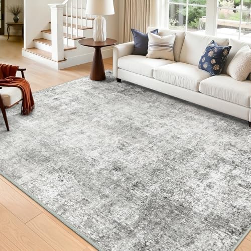 RELEANY Washable 7'x9' Abstract Area Rug for Living Room Gray White by RELEANY