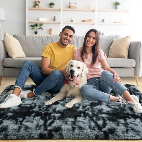 8x10 Extra Large Tie-Dyed Black and Grey Fluffy Area Rug Non-Slip for - Image 2