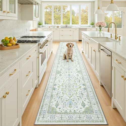 RELEANY Washable Area Rug, Runner 2'6"x12', Green/White/Blue by RELEANY