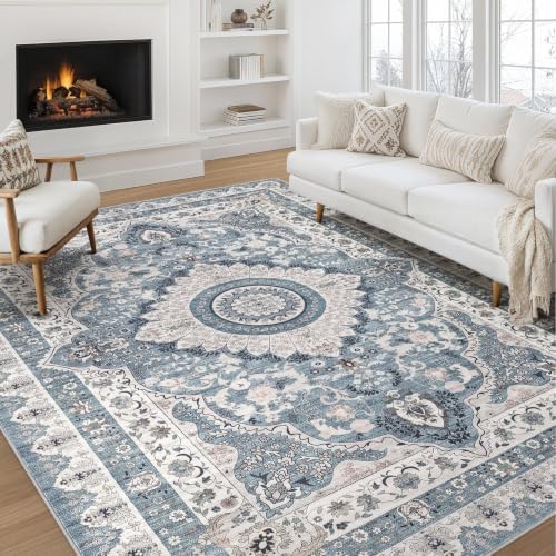 Area Rugs 9x12 Living Room: Washable Vintage Blue Rug by ZUNTKON