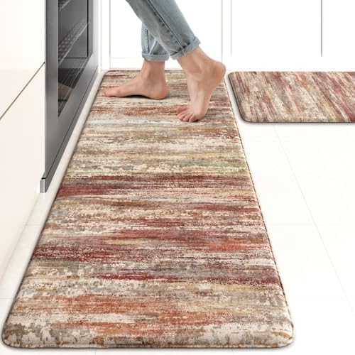 KIMODE Anti Fatigue Kitchen Mats,Farmhouse Kitchen Rugs Sets of 2 Red Brown by StayinComfortCookwithJoy