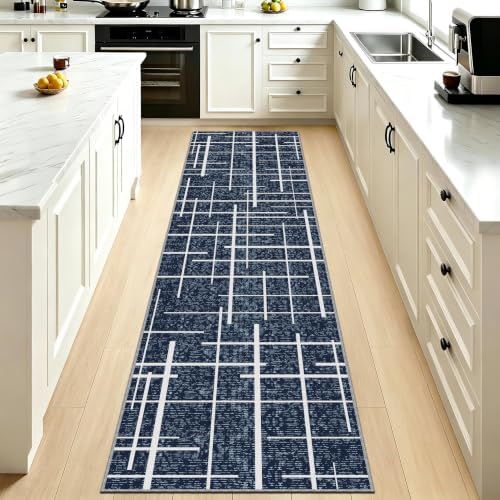 Non Slip Hallway Runner Rug 2x8,Modern Distressed Stripe, Washable Long Rug, Woven Thin Low Pile Carpet Runners for Hallway 10ft Entryway, Kitchen, Walkway- Blue by TTelephant