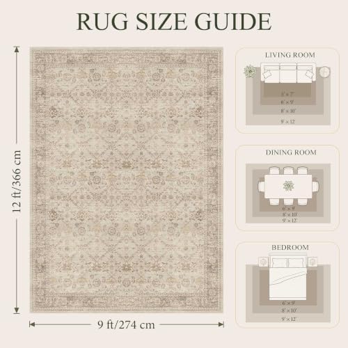 9x12 Washable Boho Area Rug, Beige Farmhouse for Living Room Carpet - Image 2