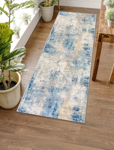 Lahome Modern Abstract Blue Bathroom Rug, 2x6 Washable Long Hallway Rug Soft Non Slip Blue Floor Accent Carpet Runner for Entryway Kitchen Laundry Room Doorway Bedroom by Lahome