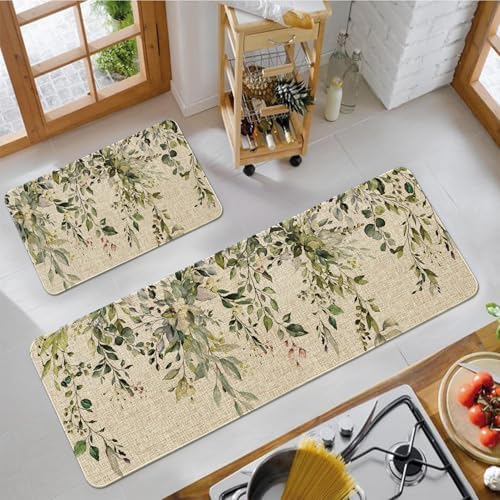 Sage Green Eucalyptus Spring Kitchen Rugs Sets of 2 Non Slip Washable, Botanical Leaves Summer Spring Kitchen Mats for Floor 2 Piece Home Decor - Image 6