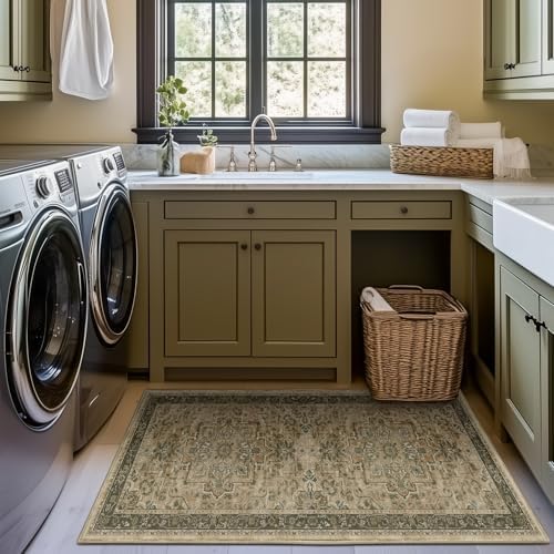 Moody 3x4 Rugs for Entryway Indoor, Distressed Medallion Door Mat Indoor Entrance, Washable Non Slip Low Pile Thin Small Carpet Rug for Kitchen/Bedroom/Bathroom/Laundry Room, Multi Brown/Olive - Image 3