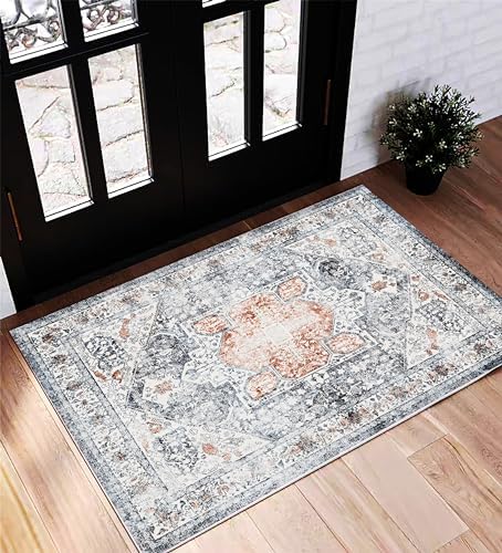 CHAMPLANT Area Rug 2x3 Washable Rug Door Mat Vintage Distressed Doormat Indoor Entrance Traditional Thin Floral Print Non Slip Carpet for Kitchen Bathroom Bedroom Living Room by CHAMPLANT