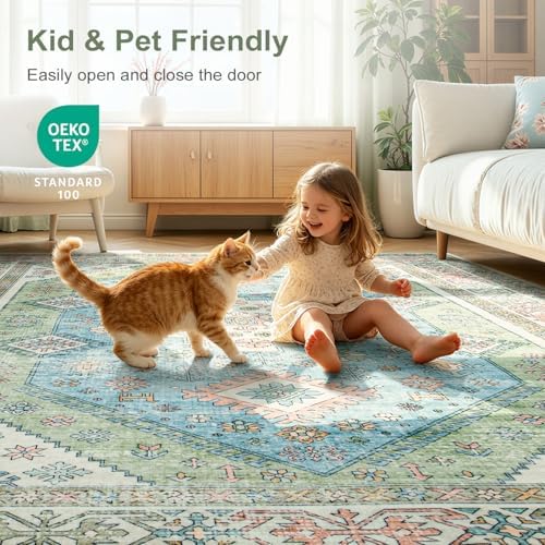 Lofus Living Room Rugs 8x10, Boho Sage Green and Light Blue Washable Carpet - Image 5