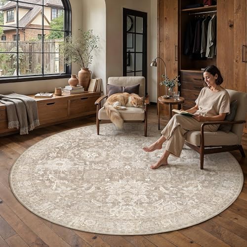 HUGEAR 5x5 Round Rugs Beige Vintage Rug for Living Room - Image 2