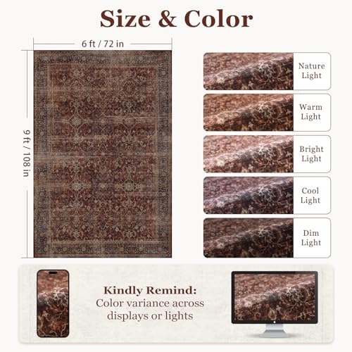 Brick Red 6x9 Rugs for Living Room, Earth Tone Area Rug for Bedroom Under Bed Non Slip, Washable Vintage Distressed Dining Room Rug Under Table Rustic Farmhouse, Low Pile Ultra Thin Soft - Image 2