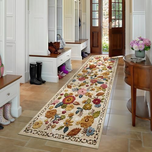 Washable 2x8 Runner Rug, Beige Boho Floral Non-Slip for Hallway, Kitchen by GERUIMO