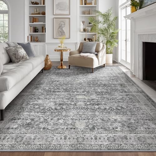 Vintage Grey 8x10 Area Rugs for Living Room, Retro Gray Neutral Rug for Bedroom Dining Room, Low Pile Thin Washable Non Slip Room Rug for Home Office Family Room by Jainmy