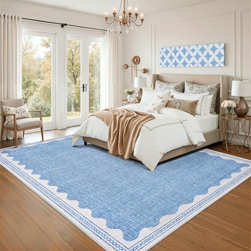 GarveeHome Scalloped Washable Rugs 9x12 Rug for Living Room Non-Slip Solid Blue Modern Minimalism Low-Pile Carpet 9 x 12 Rug for Bedroom Dining Nursery Mat with Rubber Back - Image 4
