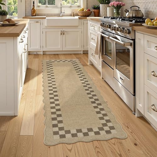 LIVEBOX Easy Jute Checkered Runner Rug for Kitchen, Scalloped Washable 2x6 Tan Rugs for Entryway, Geometric Indoor Outdoor Non Slip Rug Farmhouse Carpet Door Mat Area Rug for Porch Bedroom Hallway - Image 2