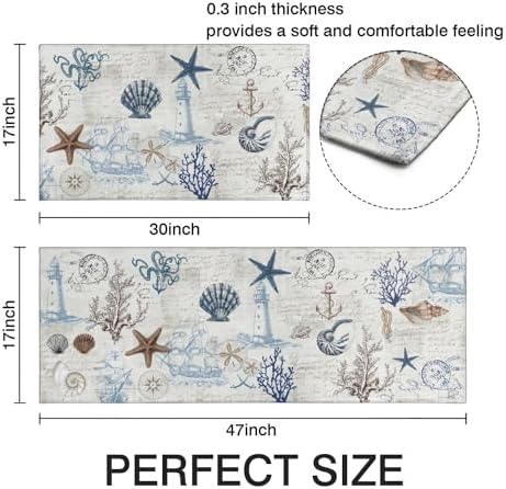 Nautical Kitchen Rug Set of 2,Ocean Themed Kitchen Decor Vintage Beach Kitchen Mat Non-Slip Washable, Farmhouse Kitchen Decor Anti Fatigue Floor Mat for Kitchen Laundry Room,17x30+17x47 Inch - Image 3