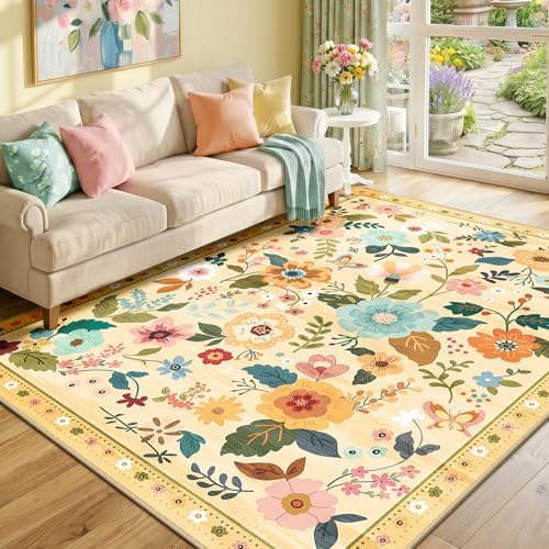 RELEANY Floral Washable 6x9 Area Rugs Yellow/Orange by RELEANY