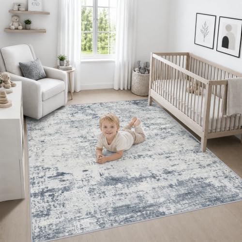 Area Rug Living Room: 5x5 Modern Washable Soft Carpet Blue Grey - Image 5