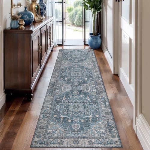 Tangsoo Vintage 2.6x8 Washable Hallway Runner Rugs, Non Slip Runner Blue by Tangsoo