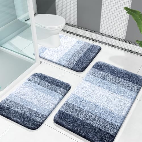 OLANLY Microfiber Bathroom Rugs Sets 3 Piece, Absorbent Bath Mat, Dark Blue by OLANLY