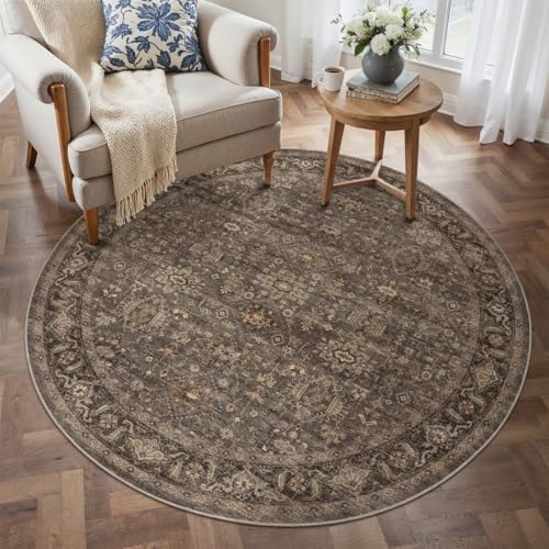 3x3 Dark Brown Vintage Round Rug - Image 3